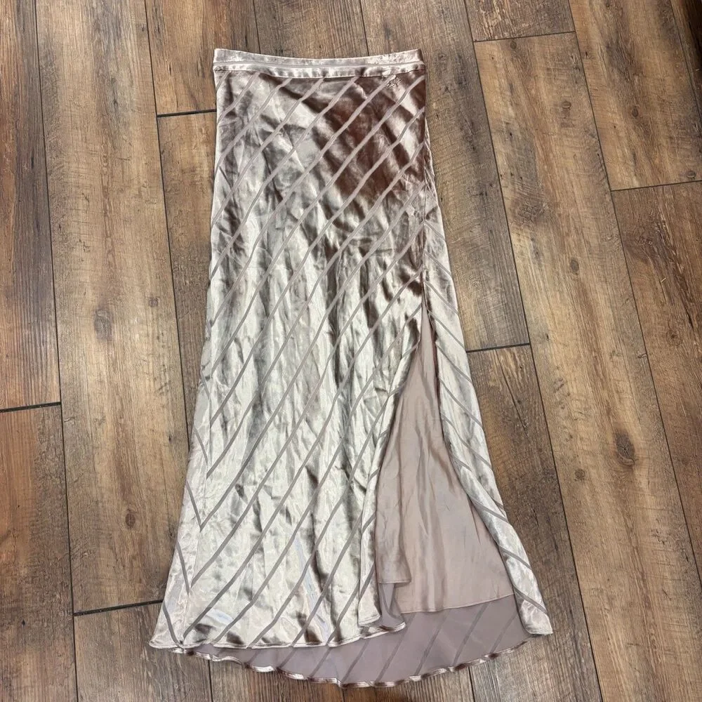 Michelle Mason Silk Midi Skirt Blush Pink Striped Velvet Diagonal Bias Cut Sz 0